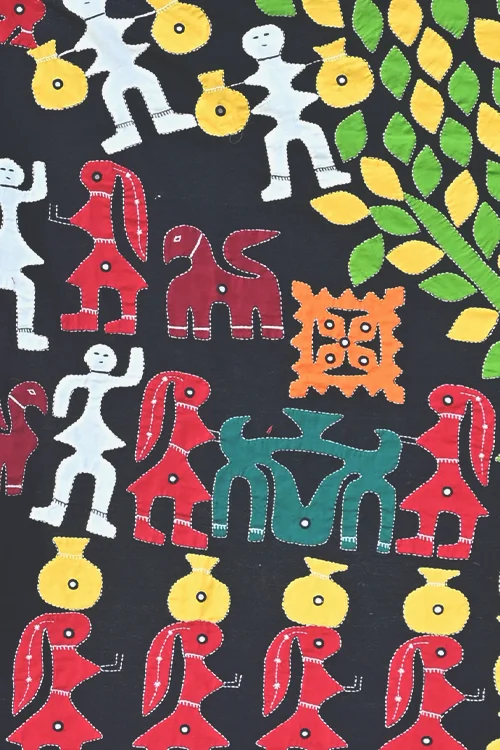 Okhai Black Village Themed Applique and Mirrorwork Wall Hanging - Image 3