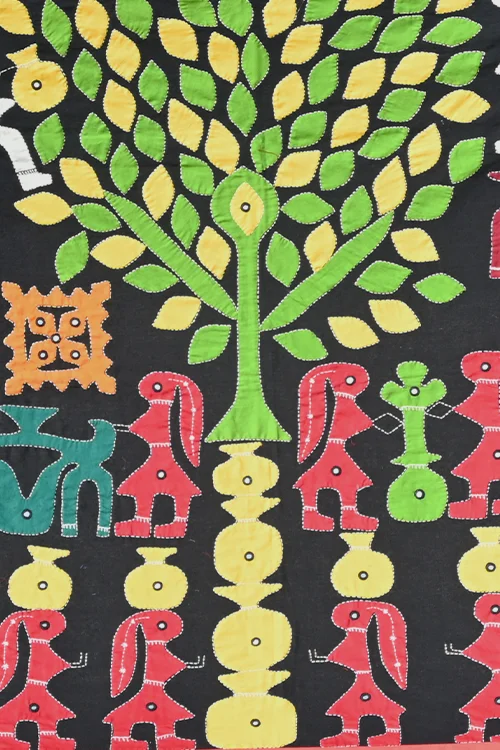 Okhai Black Village Themed Applique and Mirrorwork Wall Hanging - Image 4