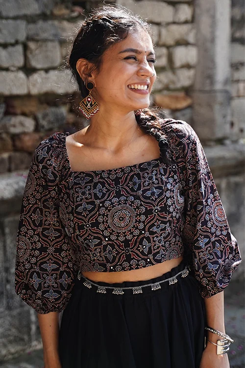 Okhai "Blackberry" Hand-Embroidered Mirrorwork Black Ajrakh Pure Cotton Blouse - Image 2