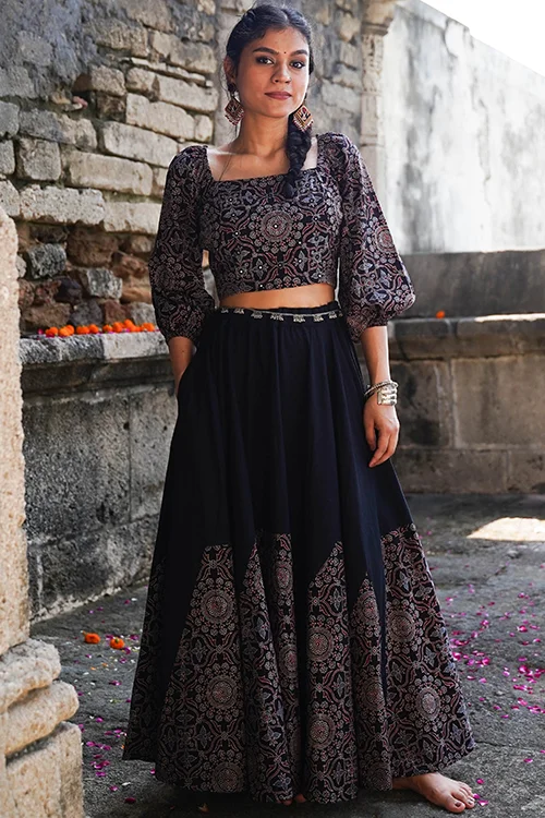 Okhai "Blackberry" Hand-Embroidered Mirrorwork Black Ajrakh Pure Cotton Blouse - Image 5