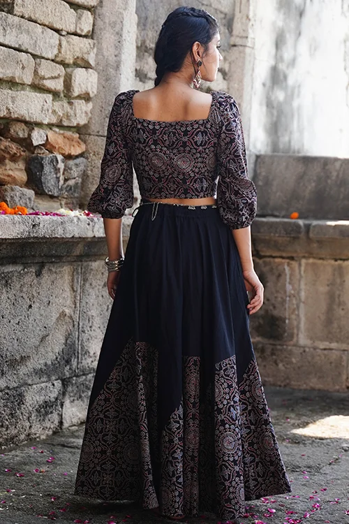 Okhai "Blackberry" Hand-Embroidered Mirrorwork Black Ajrakh Pure Cotton Blouse - Image 6