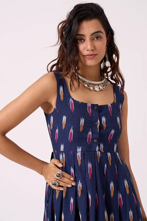 Okhai "Blue Haze" Pure Cotton Ikat Blue Sleeveless Dress - Image 2