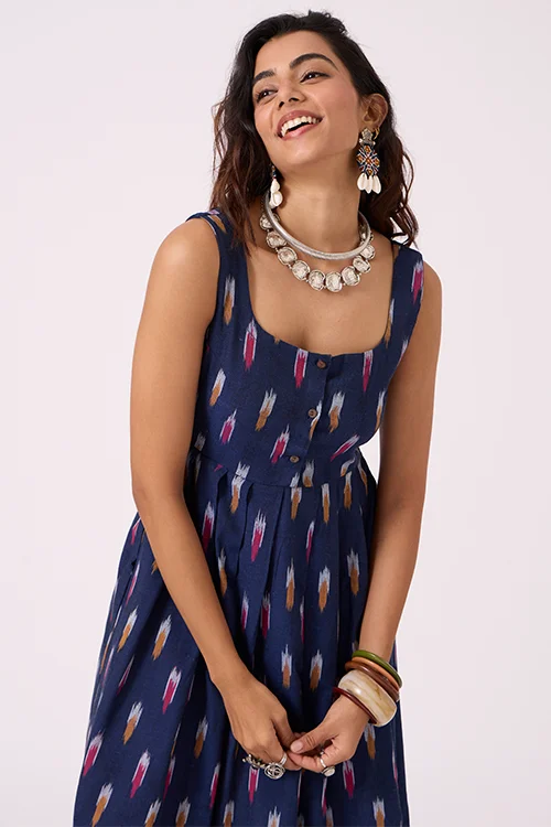 Okhai "Blue Haze" Pure Cotton Ikat Blue Sleeveless Dress - Image 4