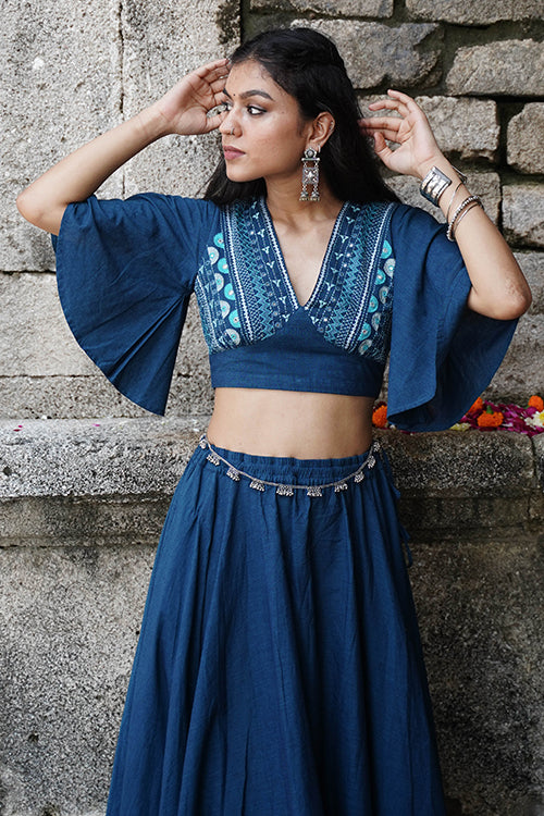 Okhai "Bluebell" Hand-Embroidery and Mirrorwork Blue Pure Cotton Blouse - Image 3