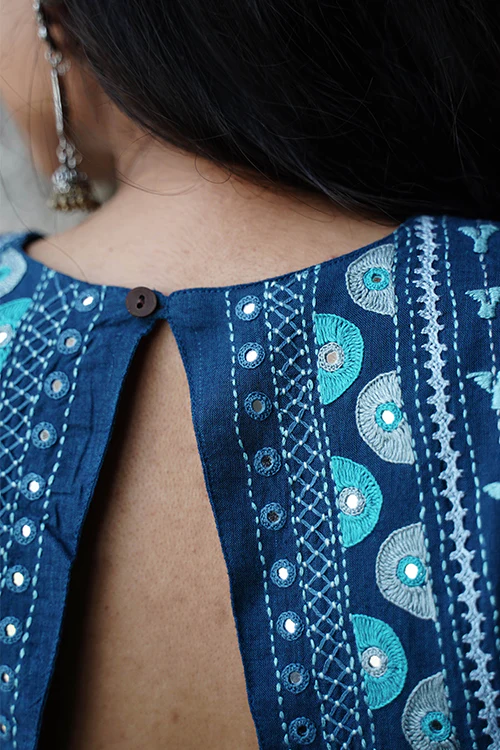 Okhai "Bluebell" Hand-Embroidery and Mirrorwork Blue Pure Cotton Blouse - Image 4