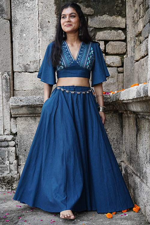 Okhai "Bluebell" Hand-Embroidery and Mirrorwork Blue Pure Cotton Blouse - Image 8