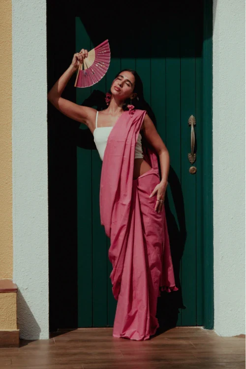 Okhai 'Blush' Hand Embroidered Mirror Work Cotton Mul Saree - Image 5