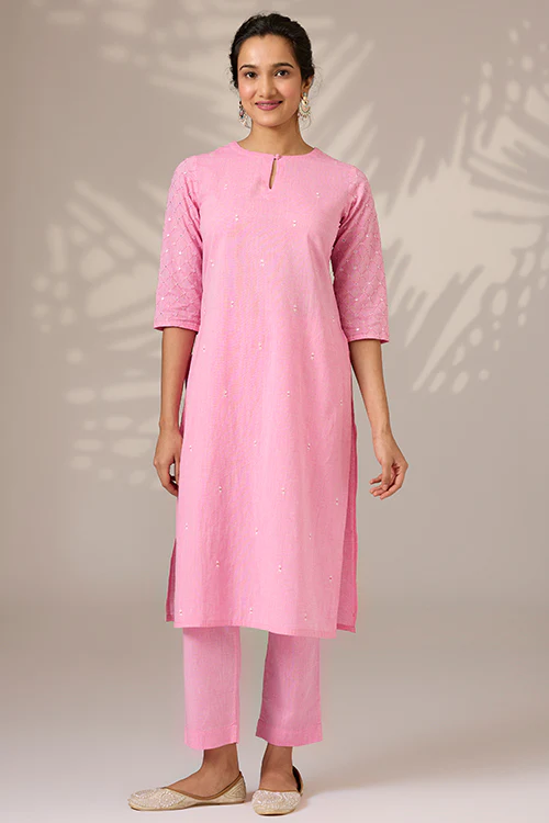 Okhai "Blushed" Hand-Embroidered Mirrorwork Pure Cotton Kurta Pant Set - Image 10