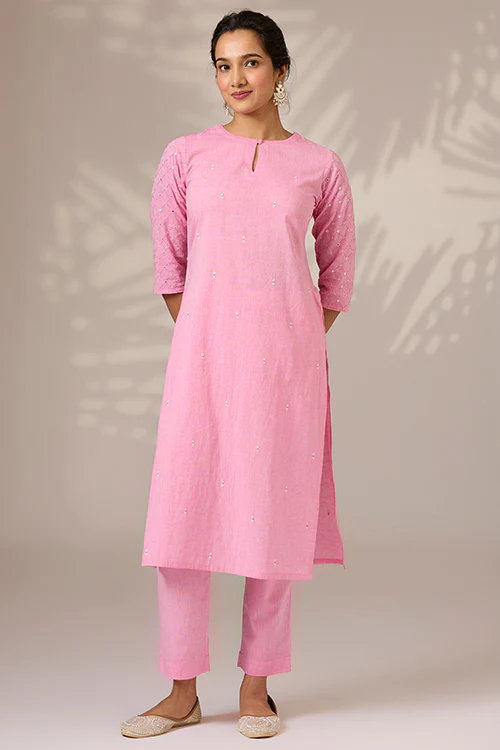 Okhai "Blushed" Hand-Embroidered Mirrorwork Pure Cotton Kurta Pant Set - Image 2