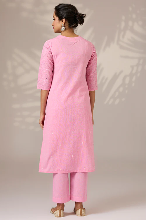 Okhai "Blushed" Hand-Embroidered Mirrorwork Pure Cotton Kurta Pant Set - Image 3