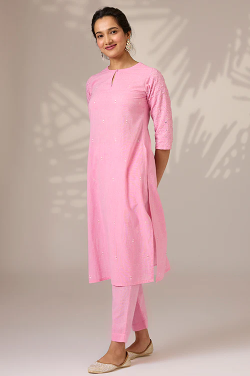 Okhai "Blushed" Hand-Embroidered Mirrorwork Pure Cotton Kurta Pant Set - Image 4