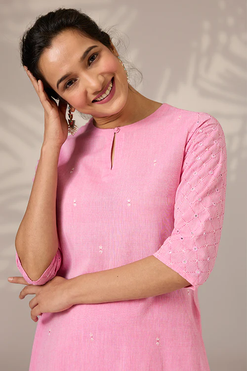 Okhai "Blushed" Hand-Embroidered Mirrorwork Pure Cotton Kurta Pant Set - Image 6