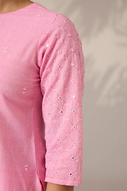 Okhai "Blushed" Hand-Embroidered Mirrorwork Pure Cotton Kurta Pant Set - Image 7