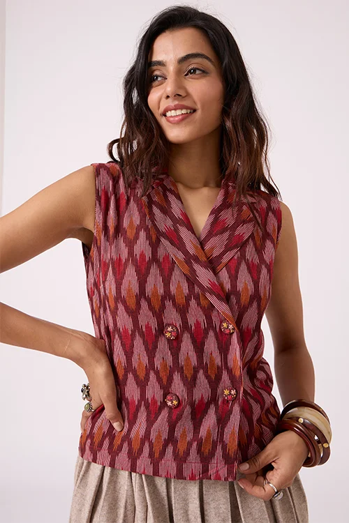 Okhai "Brickline" Pure Cotton Ikat Maroon Short Top - Image 2