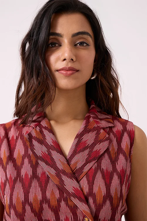 Okhai "Brickline" Pure Cotton Ikat Maroon Short Top - Image 3