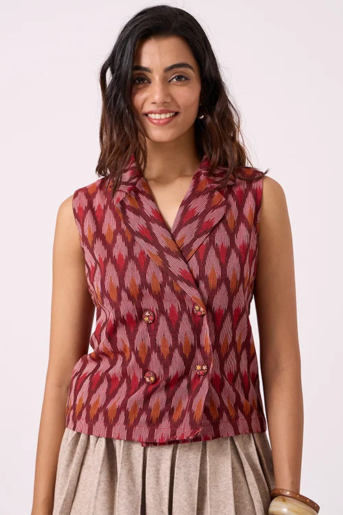 Okhai "Brickline" Pure Cotton Ikat Maroon Short Top - Image 4