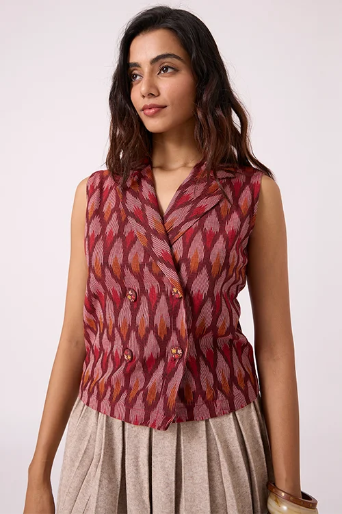 Okhai "Brickline" Pure Cotton Ikat Maroon Short Top - Image 5