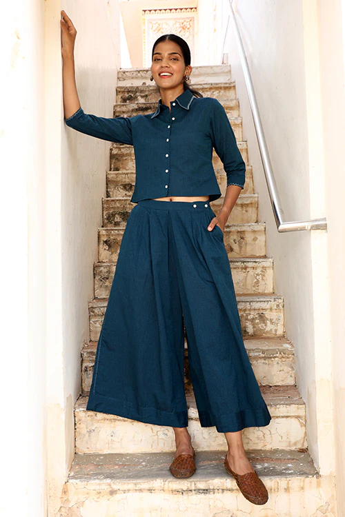 Okhai "Brilliance" Hand-Embroidered Pure Cotton Collared Top with Pants - Image 3