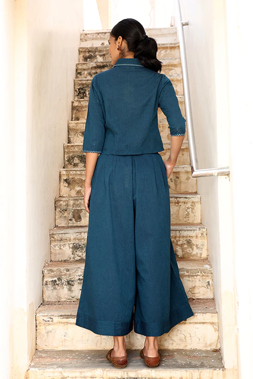 Okhai "Brilliance" Hand-Embroidered Pure Cotton Collared Top with Pants - Image 4