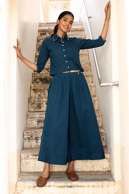 Okhai "Brilliance" Hand-Embroidered Pure Cotton Collared Top with Pants - Image 9