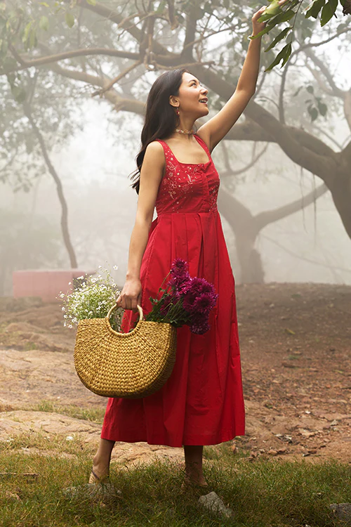 Okhai "Cherry Blush" Hand-Embroidered Pure Cotton Red Dress - Image 2