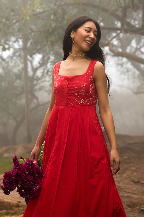 Okhai "Cherry Blush" Hand-Embroidered Pure Cotton Red Dress - Image 3