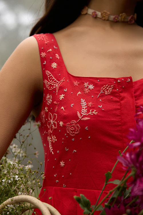 Okhai "Cherry Blush" Hand-Embroidered Pure Cotton Red Dress - Image 4