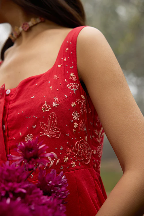 Okhai "Cherry Blush" Hand-Embroidered Pure Cotton Red Dress - Image 5