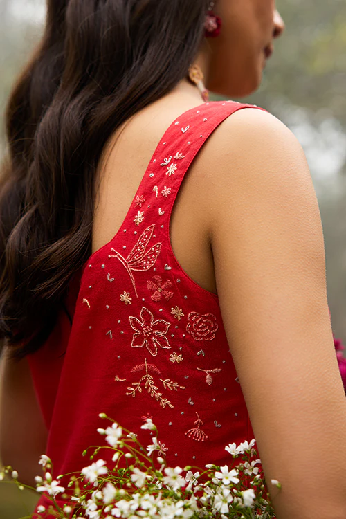 Okhai "Cherry Blush" Hand-Embroidered Pure Cotton Red Dress - Image 6