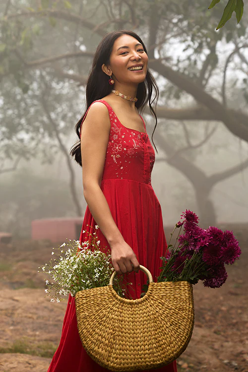 Okhai "Cherry Blush" Hand-Embroidered Pure Cotton Red Dress - Image 7