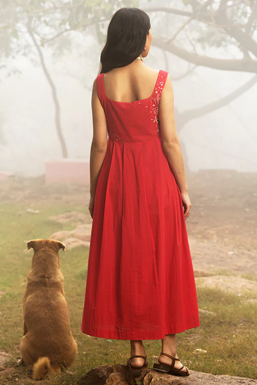 Okhai "Cherry Blush" Hand-Embroidered Pure Cotton Red Dress - Image 8
