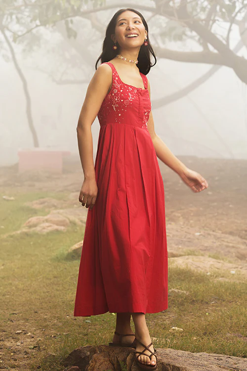 Okhai "Cherry Blush" Hand-Embroidered Pure Cotton Red Dress - Image 9