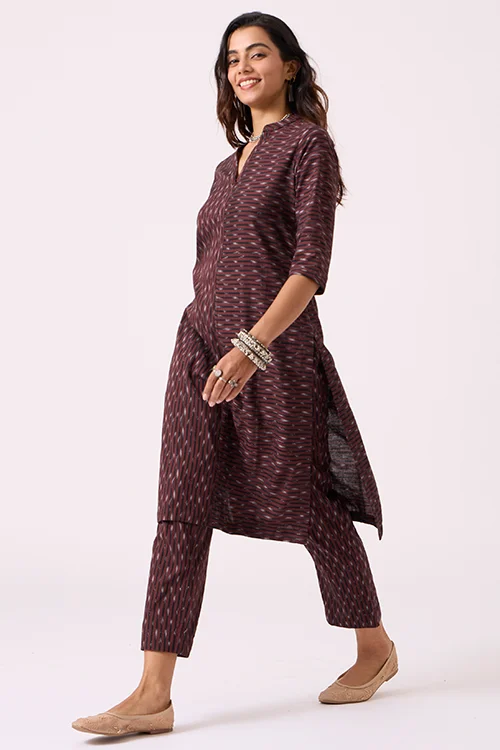 Okhai "Coffee" Pure Cotton Ikat Kurta Pant Set