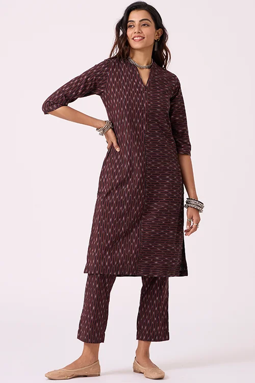 Okhai "Coffee" Pure Cotton Ikat Kurta Pant Set - Image 3