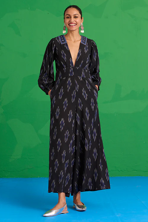 Okhai "Dark Geode" Hand-Embroidered Mirrorwork Pure Cotton Ikkat Black Jumpsuit