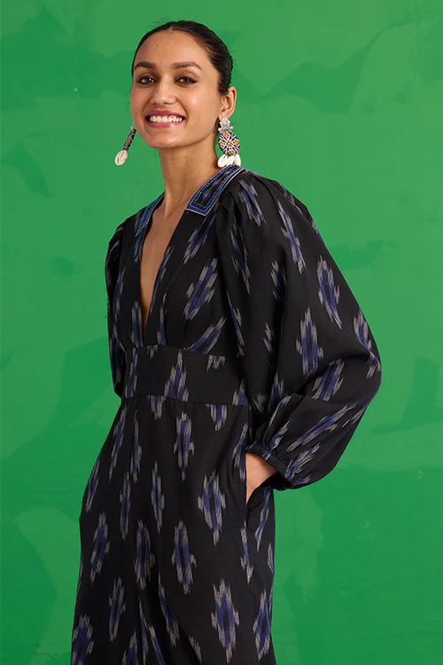 Okhai "Dark Geode" Hand-Embroidered Mirrorwork Pure Cotton Ikkat Black Jumpsuit - Image 3