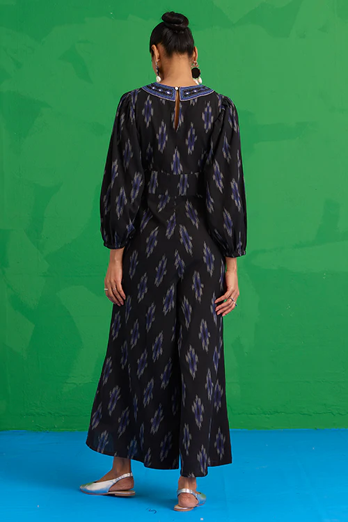 Okhai "Dark Geode" Hand-Embroidered Mirrorwork Pure Cotton Ikkat Black Jumpsuit - Image 5