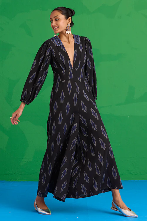 Okhai "Dark Geode" Hand-Embroidered Mirrorwork Pure Cotton Ikkat Black Jumpsuit - Image 6
