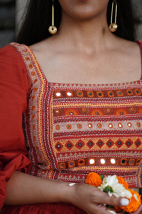 Okhai "Day Lily" Hand-Embroidery and Mirrorwork Rust Pure Cotton Blouse - Image 2