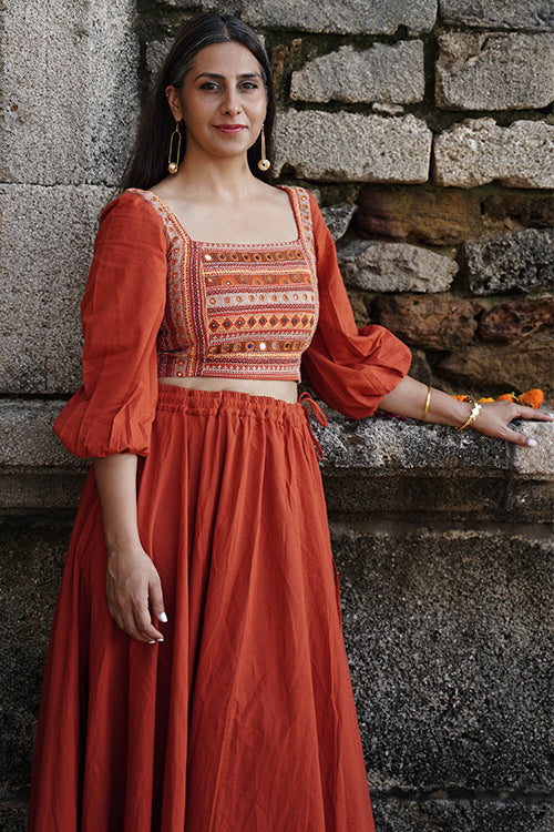 Okhai "Day Lily" Hand-Embroidery and Mirrorwork Rust Pure Cotton Blouse - Image 4
