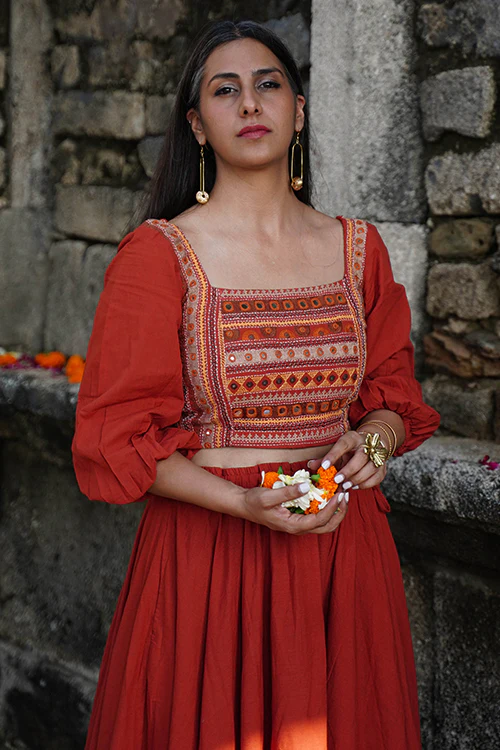 Okhai "Day Lily" Hand-Embroidery and Mirrorwork Rust Pure Cotton Blouse - Image 7