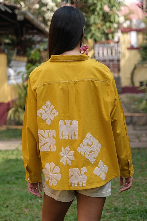 Okhai "Daylight" Hand Applique work Pure Cotton Mustard Shirt - Image 2