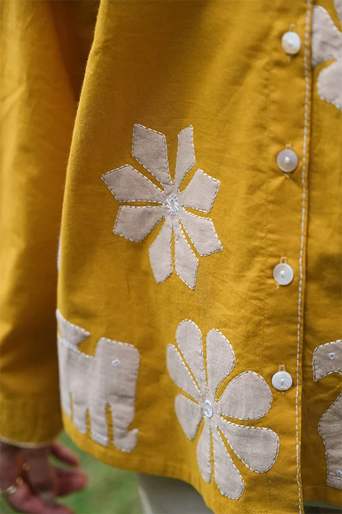 Okhai "Daylight" Hand Applique work Pure Cotton Mustard Shirt - Image 3
