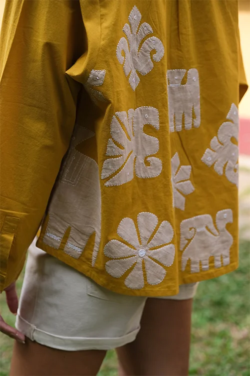 Okhai "Daylight" Hand Applique work Pure Cotton Mustard Shirt - Image 4
