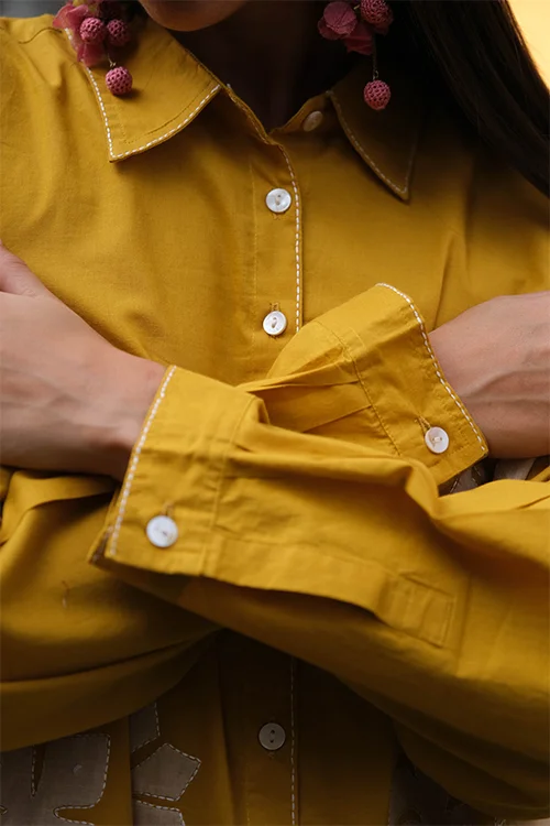 Okhai "Daylight" Hand Applique work Pure Cotton Mustard Shirt - Image 5