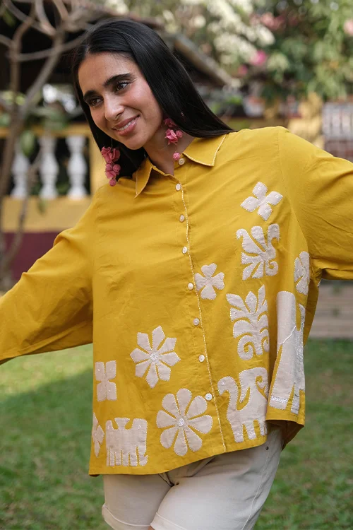 Okhai "Daylight" Hand Applique work Pure Cotton Mustard Shirt - Image 6