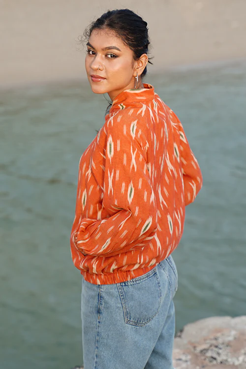 Okhai "Deccan" Orange Ikkat Pure Cotton Bomber Jacket - Image 4
