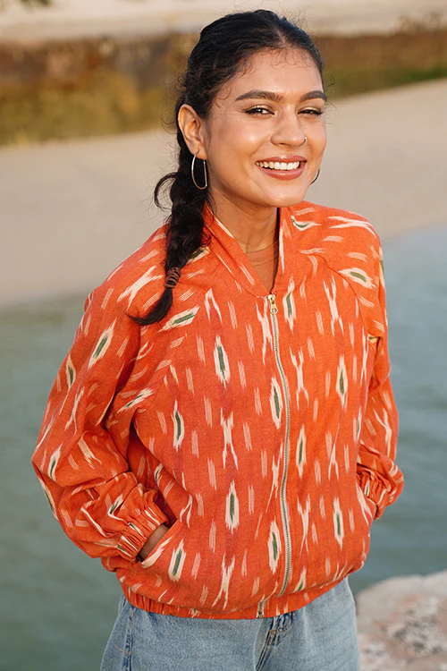 Okhai "Deccan" Orange Ikkat Pure Cotton Bomber Jacket - Image 5