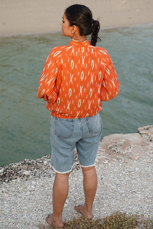 Okhai "Deccan" Orange Ikkat Pure Cotton Bomber Jacket - Image 6