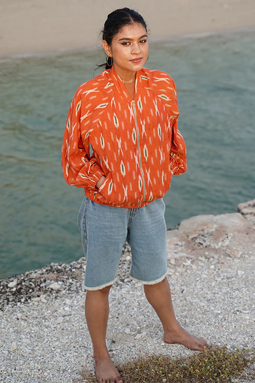 Okhai "Deccan" Orange Ikkat Pure Cotton Bomber Jacket - Image 7